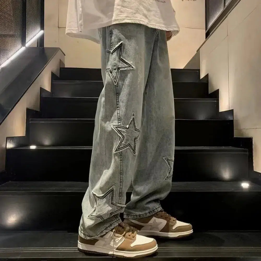 Star Embroidered Y2K Baggy Straight Leg Washed Jeans